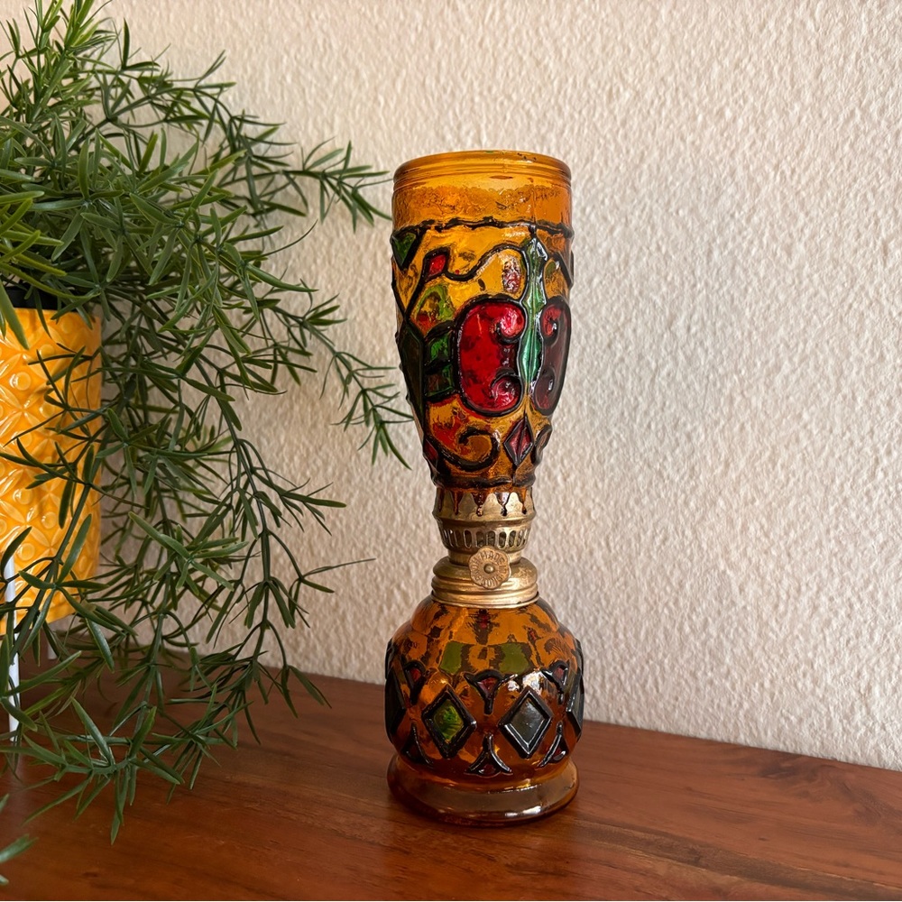 Vintage amber oil lamp hand painted red green black